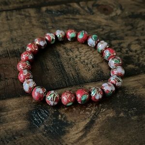 Vintage Red Chinese Cloisonné Enamel Beaded Stretch Bracelet
